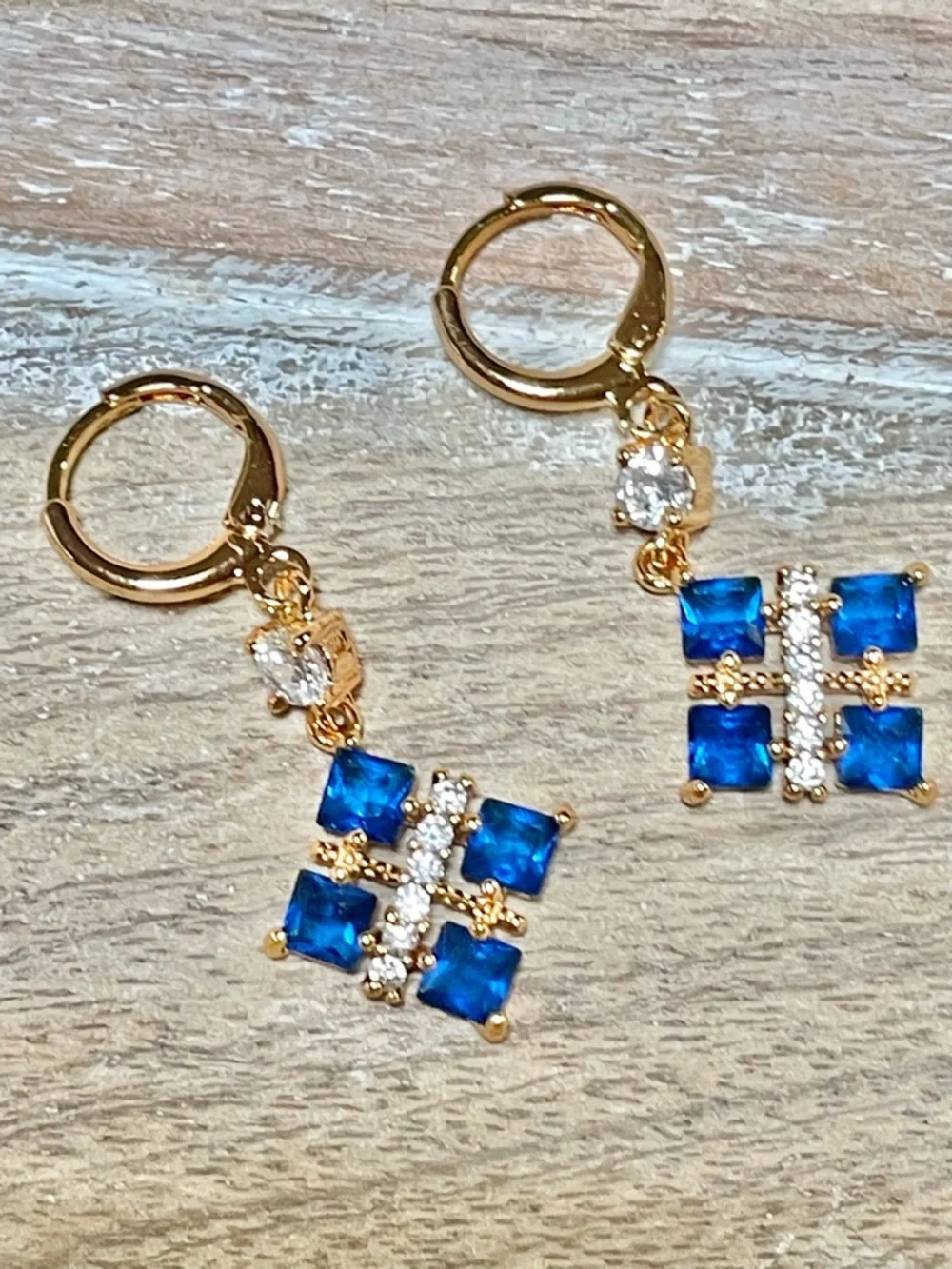 Gold-Tone Small Blue Crystal Dangle Earrings